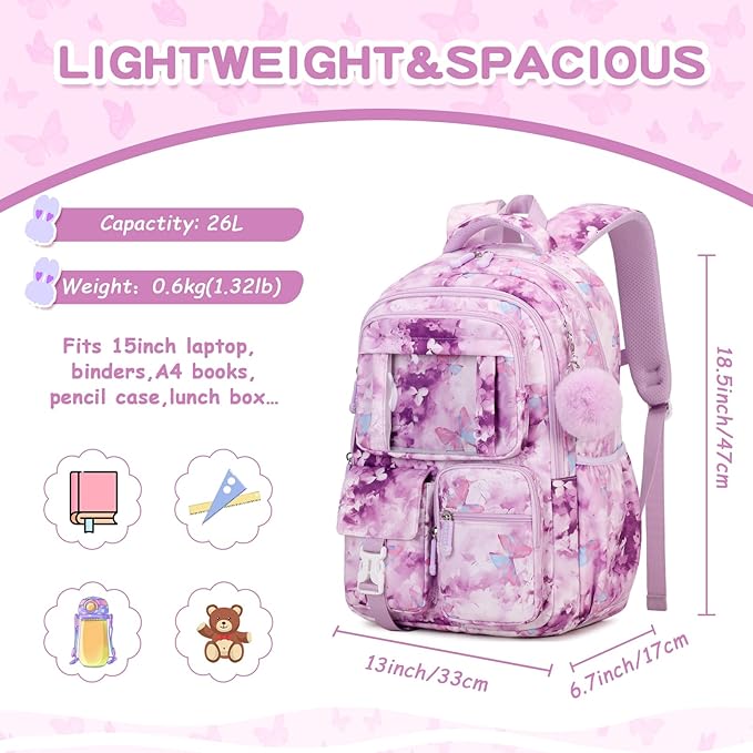 Kids Backpack for Girls School Bags for Middle School Students Book Bag for Elementary Primary Kawaii Ita Backpack, Purple Butterfly