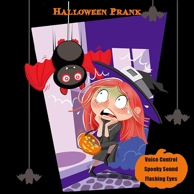 SUNLIN Interactive Halloween Bat Cute Soft Plush Toy Gift for Adults & Kids 3+, Touch & Sound Activated Prank with Sound & Glowing Eyes, Scary Party Supplies Home Decor