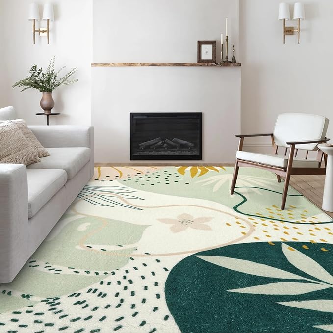 Lahome Green 10x14 Rug for Living Room, Large Washable Area Rug Non-Slip Ultra-Thin Stain Resistant Rug for Dining Room Table, Soft Botanical Print Indoor Rug for Bedroom Office (Green, 10'x14')