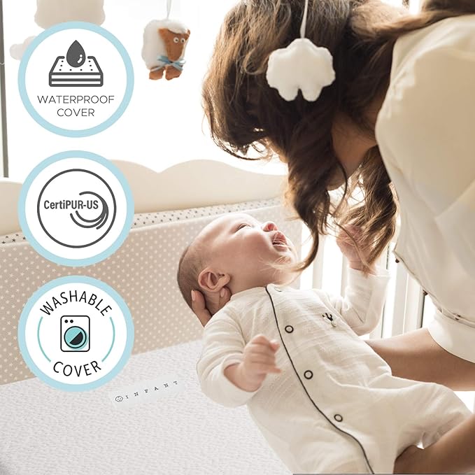 Organic Cotton 2-Sided Crib Mattress | Waterproof Washable Protector w/Ventilated Foam Lining | Light 2-in-1 Baby Mattress w/Firm Support for Infant & Soft CertiPUR Foam for Toddler | 52x27.5x4”
