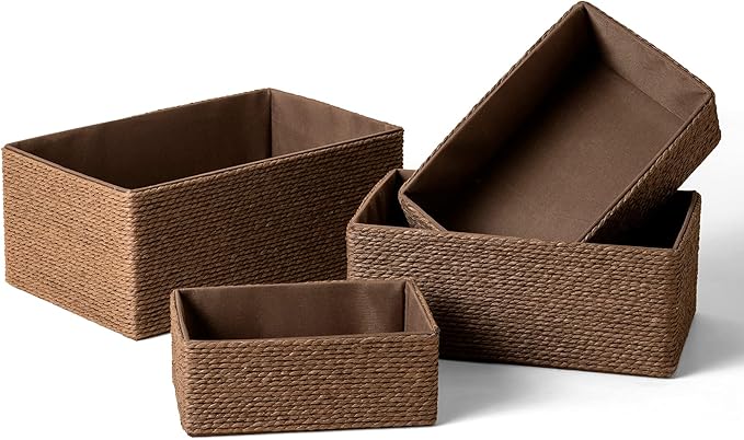 LA JOLIE MUSE Paper Rope Woven Storage Basket Set of 4 with Fabric Liner, Stackable Multipurpose Organizer Bin, Brown
