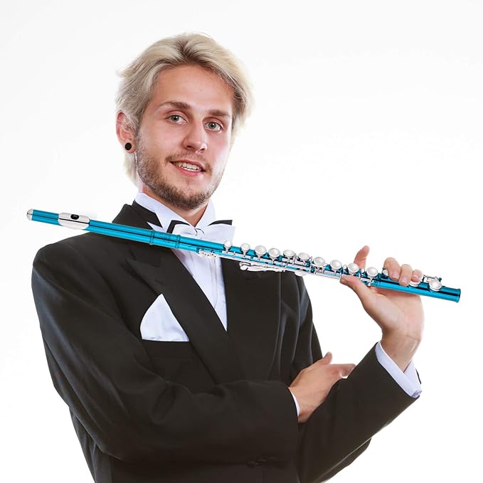 EastRock Closed Hole Flutes C 16 Key for Beginner, Kids, Student -Nickel Flute with Case Stand and Cleaning kit (Sea Blue)