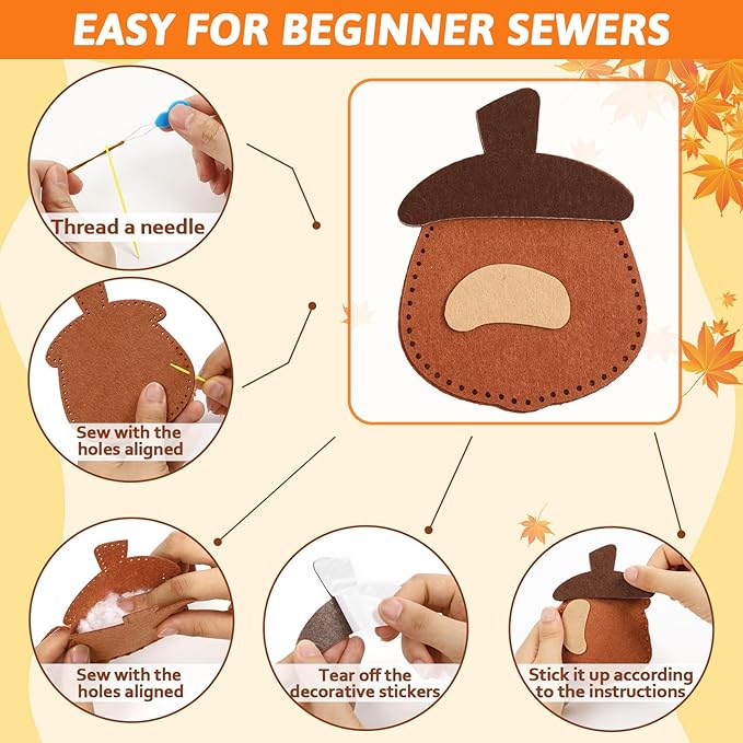 ZOIIWA 16 Sets Fall Sewing Kit Autumn DIY Stuffed Craft Kit Fall Pumpkin DIY Sewing Set for Kids Thanksgiving Felt Ornaments Decorations for Beginners Educational Craft Toys Gifts for Boys Girls