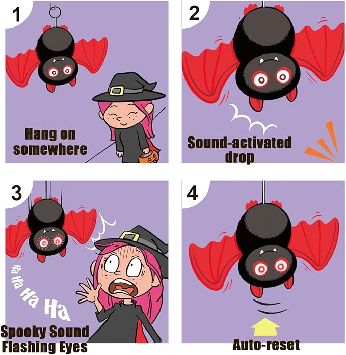 SUNLIN Interactive Halloween Bat Cute Soft Plush Toy Gift for Adults & Kids 3+, Touch & Sound Activated Prank with Sound & Glowing Eyes, Scary Party Supplies Home Decor
