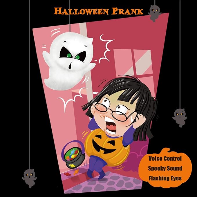 SUNLIN Interactive Halloween Ghost Cute Soft Plush Toy Gift for Adults & Kids 3+, Touch & Sound Activated Prank with Sound & Glowing Eyes, Scary Party Supplies Home Decor