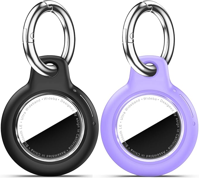 Upgrade Waterproof 2 Pack Airtags Holder with Apple Airtags Keychain, Hard PC Air Tag Case, Anti-Scratch & Shock Air tag Holder, Men's Women's Keyrings & Keychains -Black+Purple