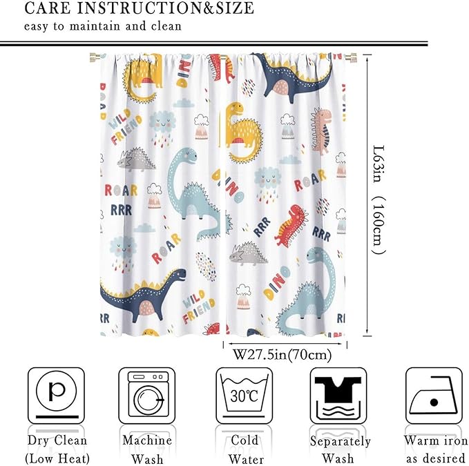 Cartoon Dinosaur Curtains for Kids Boys Girls Home Decor Colorful Cute Dino Animals Print Pattern Rod Pocket Blackout Window Drapes for Nursery Baby Bedroom Playroom W27.5xL63in 2 Panels