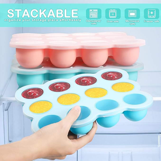 3 Pcs Baby Food Storage Container 12 Cup Silicone Baby Food Freezer Tray with Lid Stackable Reusable Silicone Freezer Tray for Food Vegetable Fruit Puree and Breast Milk(Multicolor)