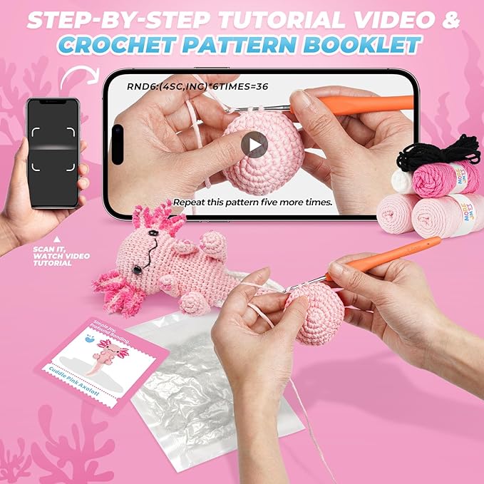 Crochet Kit for Beginners, Learn to Crochet, Include Easy Knitting Soft Yarn, Step-by-Step Video Tutorial, Hook, Holiday Birthday Gift for Adults and Kids(Happy Axolotl)