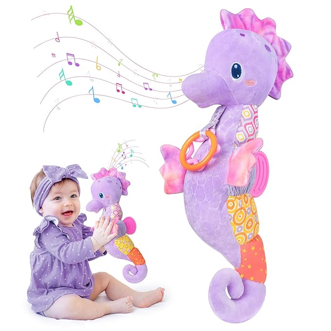 Baby Toys 0-6 Months,Infant Musical Seahorse Stuffed Animals Sensory Toys with Bright Colors,Multiple Textures,Rattles & Crinkle Sound Paper,Tummy Time Toy for Newborn Boys Girls 0-12 Months-Purple