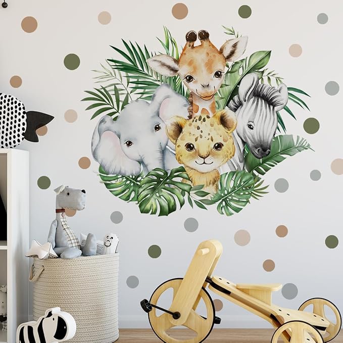 37.95x33.13 Inch Watercolor Jungle Animal Wall Decal Forest Animal Tiger Elephant Giraffe Zebra Wall Sticker Removable Safari Animal Wall Decal for Baby Nursery Playroom Bedroom Classroom Wall Decor