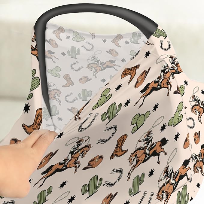 Country Western Car Seat Cover for Baby Cowboy Hat Boots Horse Cactus Stretchy 5-in-1 Covers Adjustable Car Canopy Breastfeeding Cover Wild West Desert Breathable Nursing Cover-Up
