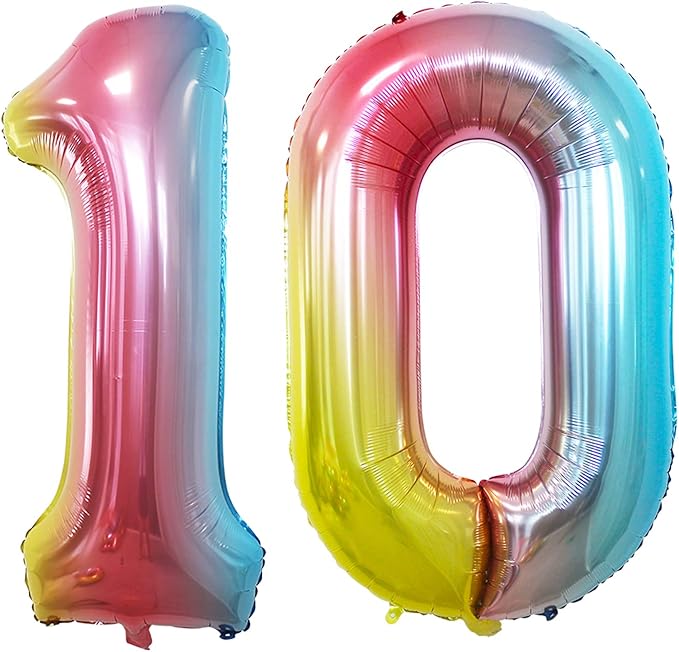 GOER Number 10 Balloons for 10th Birthday Party Decorations,42 Inch Jumbo Foil Helium Balloons for 10th Anniversary (Rainbow)