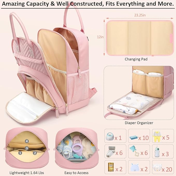 Diaper Bag Backpack for Women with Changing Pad, Baby Bag with Insulated Pockets Multifunctional Diaper Bags For Baby Girl Boy Waterproof Baby Bags For Boys Girls Maternity Bag Baby Pink