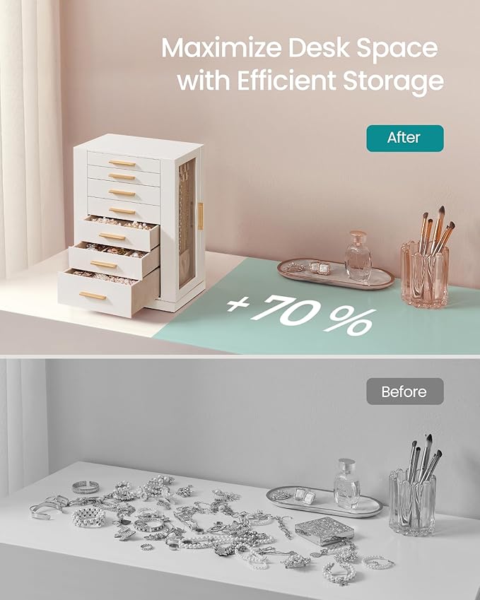 SONGMICS Jewelry Box 360° Rotating, Jewelry Storage Case with 7 Drawers, Jewelry Organizer, Glass Window, Spacious, Vertical Jewelry Storage, Open Design, Great Gift, Cloud White UJBC201W01