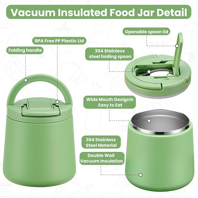 20oz Insulated Vacuum Food Jar with Buckle Lid,Soup Thermo for Hot Food Kids,Wide Mouth Leakproof Stainless Steel Lunch Container with Spoon-Green