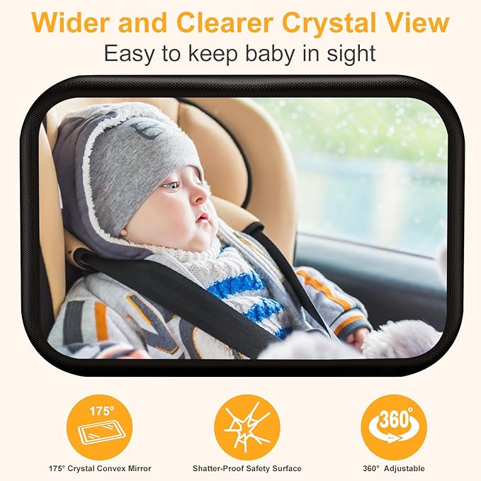 Baby Car Mirror for Rear Facing Seat - Clear View, Upgraded Hook Clip Design, 360 Rotation, Wide Crystal View, Shatterproof Crash Tested and Certified