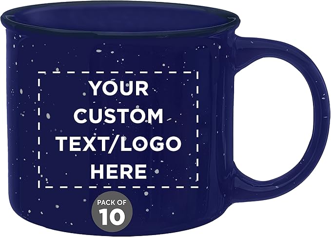 DISCOUNT PROMOS Custom Ceramic Campfire Coffee Mugs 13 oz. Set of 10, Personalized Bulk Pack - Perfect for Tea, Espresso, Cappuccino, Hot Cocoa - Blue