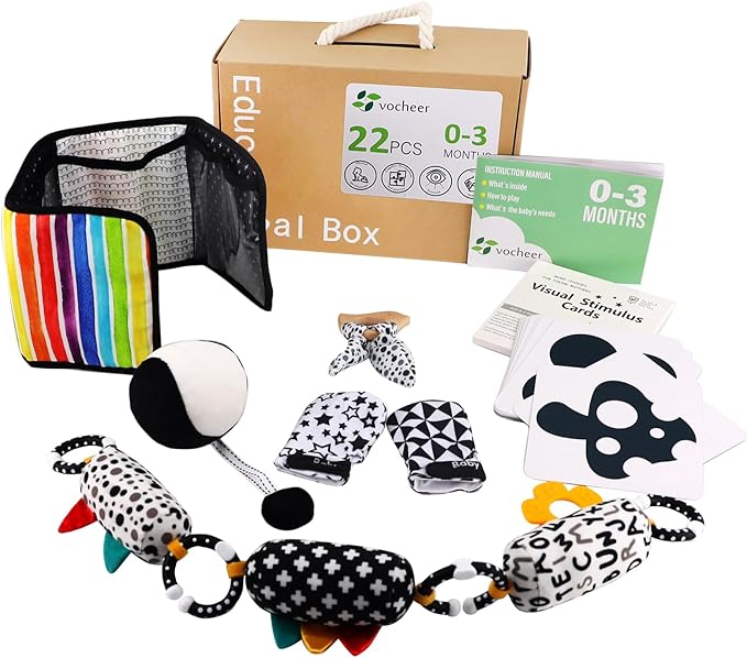 vocheer High Contrast Baby Toys for Newborn, 6 in 1 Black and White Sensory Baby Gift Set for 0-3 Months, 21pcs Montessori Early Educational Learning Kit