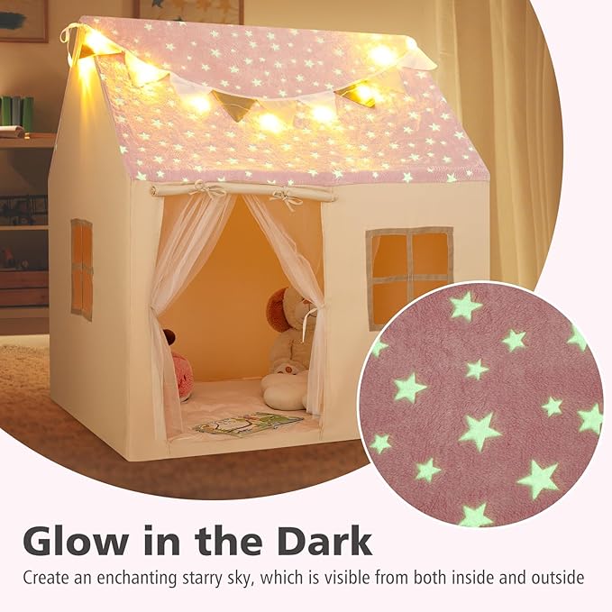 INFANS Kids Play Tent with Glow in The DarkWashable Mat Star Light Windows, Anti-Trip Large Playhouse Toys for Children Boys Girls, Indoor Outdoor Princess Tents Castle for Toddlers (Fluorescent Pink)
