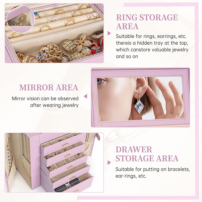 AKOZLIN Huge Jewelry Box Organizer Functional Large Leather Jewelry Storage Case for Women Girls Ring Necklace Earring Bracelet Holder Organizer with Mirror