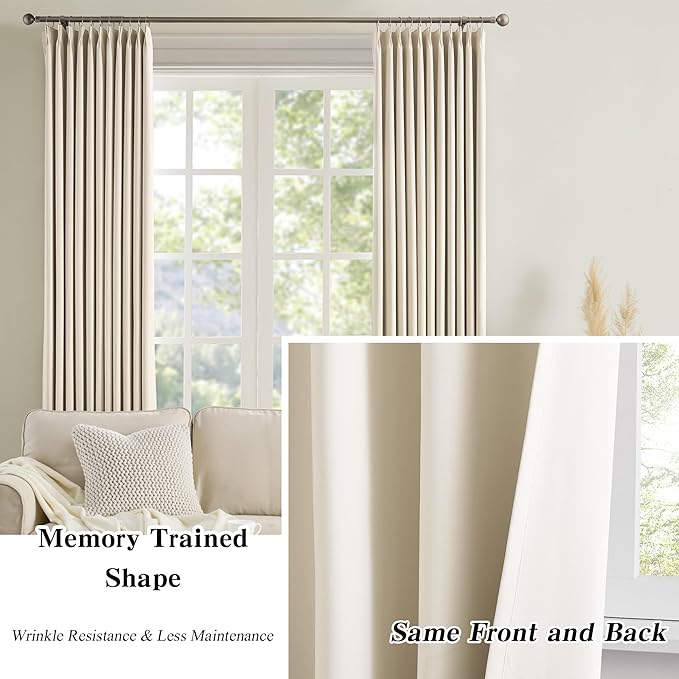 KEQIAOSUOCAI Pinch Pleated Curtains 105 Inches Long,Memory Shape Room Darkening Soundproof Window Curtains with Hooks for Bedroom Living Room Track System 100 x 105 x 2 Panels Cream Beige