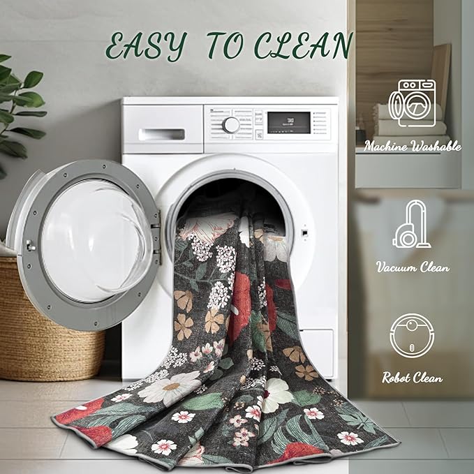 8x10 Area Rug for Living Room: Vintage Floral Washable Rug Soft Boho Non Slip Carpet Large Indoor Floor Non Shedding Low Pile Thin Carpets for Bedroom Dining Room Farmhouse Nursery Home Office Green