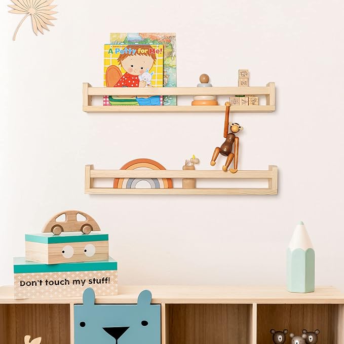 Fun Memories Nursery Book Shelves, 24Inch Floating Shelf for Wall, Wall Bookshelf for Kids Solid Wood Wall Mounted Shelves for Books,Toys and Decor Storage, Set of 2