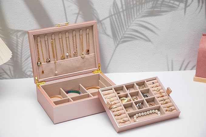 2-layer jewelry box，Jewelry Organizer with Handle，with hanging necklace hooks, detachable jewelry trays, suitable for storing a large amount of jewelry gift box (rose gold)