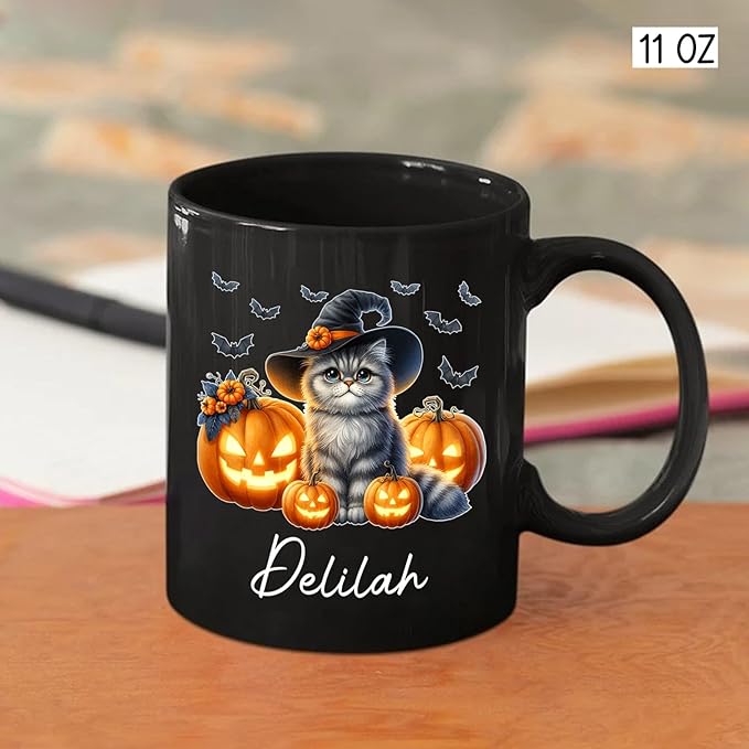 Customized Halloween British Longhair Mug with Name, Personalized British Longhair with Pumpkins Coffee Cup, Witch Cat Ceramic Mug, Pet Halloween Black Cup 11oz 15oz, Gift for Cat Dad Mom