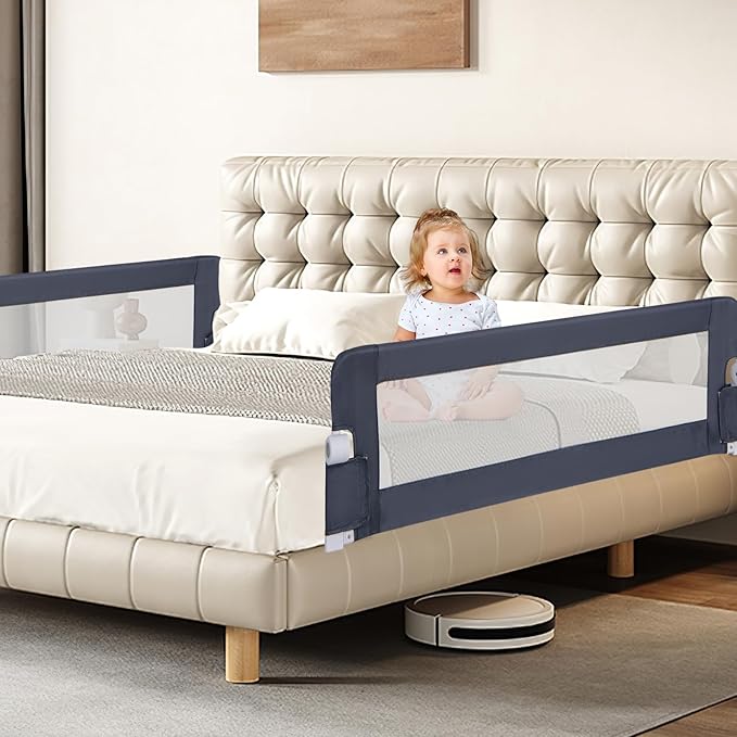 BABY JOY Bed Rails for Toddlers, Extra Long, Swing Down Safety Bed Guard for Convertible Crib, Folding Baby Bedrail for Kids Twin, Double, Full Size Queen & King Mattress (60-Inch, Dark Blue)