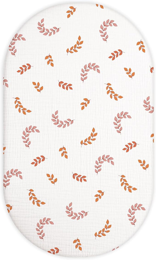 Bassinet Sheet for Baby Boy and Girl, Fitted Sheets for Rectangle, Oval, Hourglass Bassinet Mattress, Muslin Moses Basket Sheets with Neutral Style (Leaf)