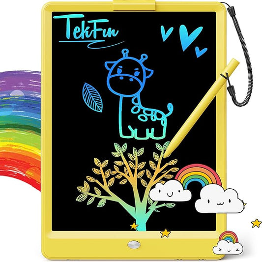 TEKFUN Toys for Girls Boys 10IN LCD Writing Tablet, Magic Doodle Board with Anti-Lost Stylus, Mess Free Coloring for Toddlers Drawing Pad, Toddler Travel Car Plane Trip Toys Gifts (Yellow)