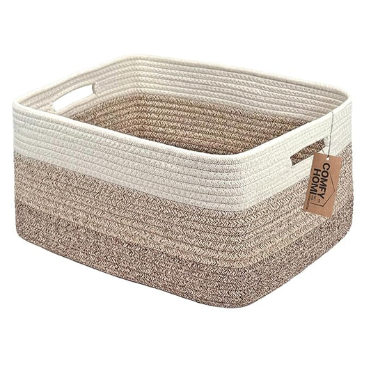 COMFY-HOMI Cotton Rope Woven Basket with Handles for Shelves,Toys,Book, Cloth Storage Baskets for Organizing-17" x 13" x 7.5" Toy Decorative Organizer for Living Room, Bathroom （white/3 brown）