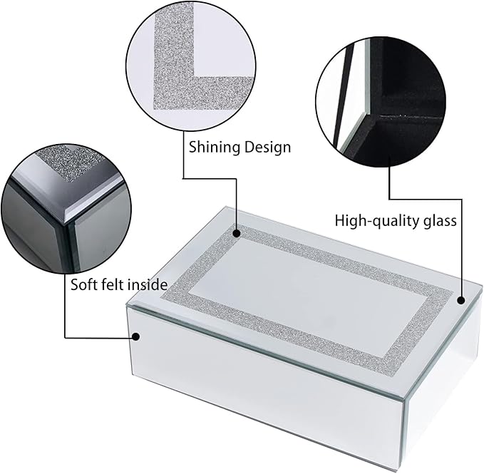Luxury Mirrored Jewelry Box with Crushed Diamond - Glass Jewelry Box Organizer Storage Ring Holder Case for Women