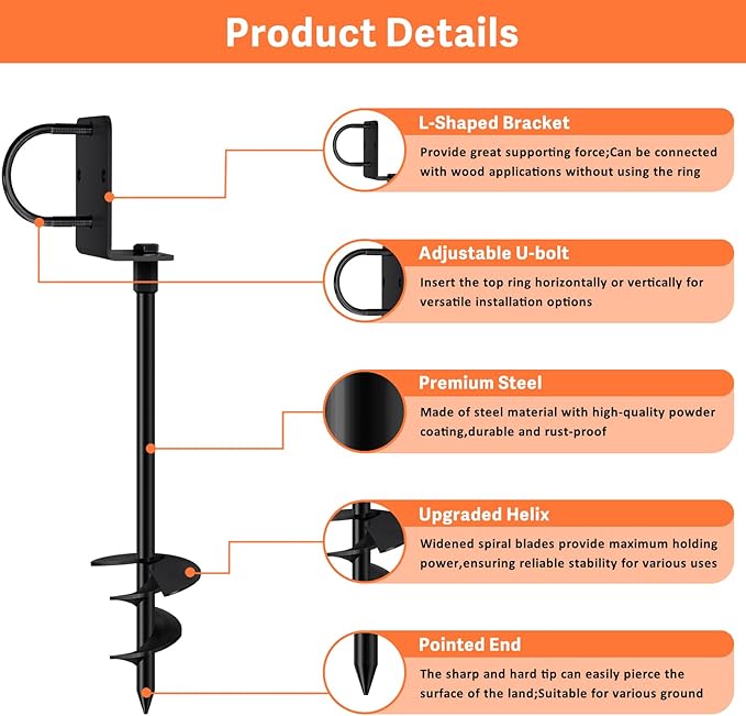 Eurmax USA Ground Anchors Heavy Duty Adjustable L-Shaped Head Shed Tent Stakes Trampoline Anchors, Trampoline Stakes for Sheds,Swing Sets,Mobile Home,Carports Set of 4(Black)