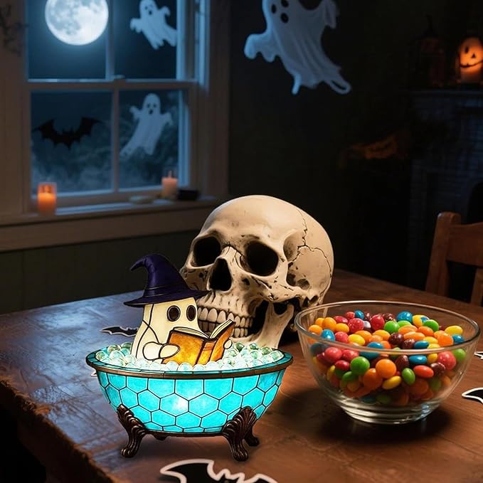 Ghost Bubble Bath Lamp, Halloween Light up Ghost Night Light, LED Flickering Nightlight, Cute Bathtub Spooky Books Nightlight for Halloween Ghost Decor