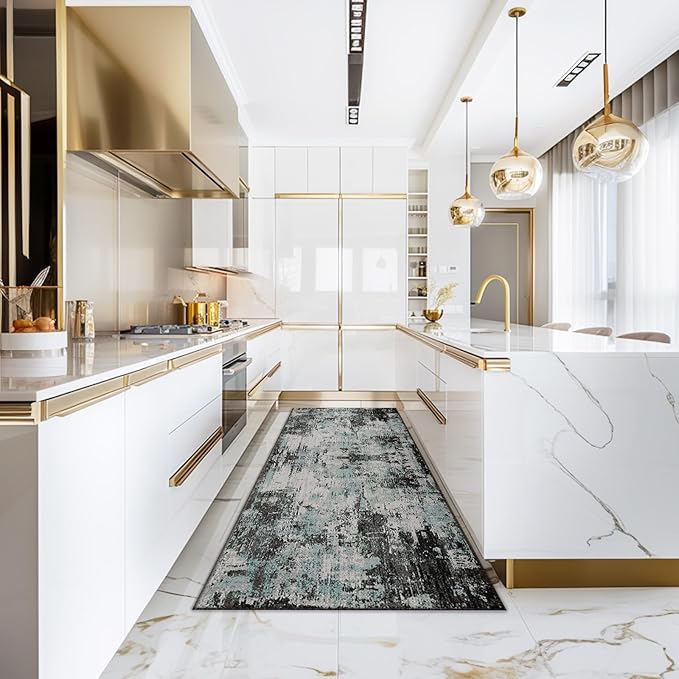 Washable Area Rugs 2'x8' Non-Slip Modern Abstract Soft for Living Room Entryway Bedroom Nursery, Print Pattern, Blue Black Teal