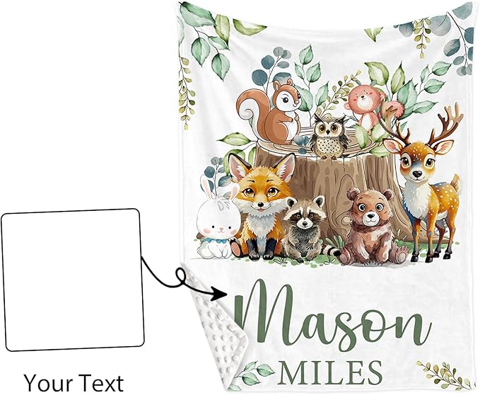 Personalized Baby Crib Bedding Set for Baby Boys Girls, Animal Stump Pattern Custom Name Baby Crib Sets 5-Pcs, Toddler Double Layer Blanket Fitted Sheets Changing Pad Cover Rug Wall Art Set