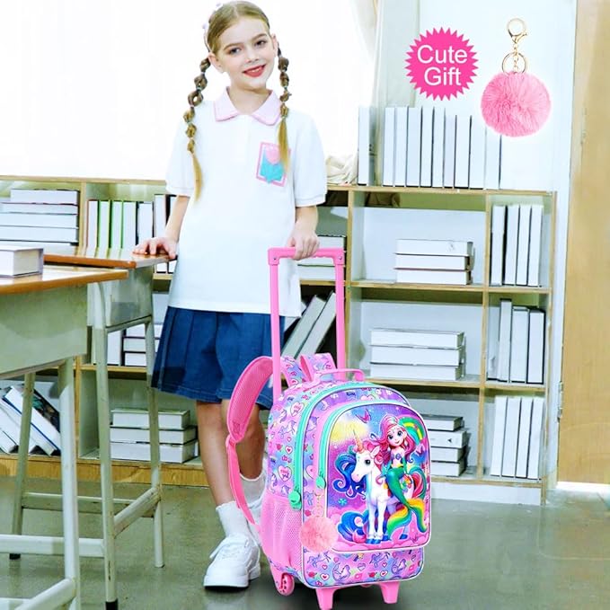Girls Rolling Backpack, Cute Mermaid Roller Wheels Kids Bookbag - Wheeled Elementary School Bag - 3PCS Mermaid