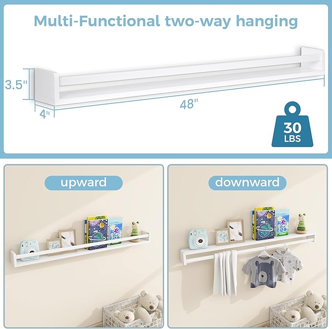 Fun Memories Nursery Book Shelves - Rustic Natural Solid Wood Floating Bookshelf for Kids - Wall Book Shelves for Kids Room (White, 48inch - 2P)