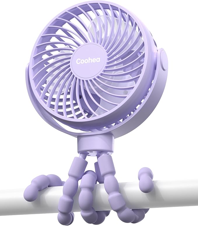 Stroller Fan Clip on for Baby, 4000mAh Rechargeable Battery Operated, Flexible Tripod, 3 Wind Speed, 360° Rotatable, Small Portable Fan for Car Seat Crib Backseat Beach Travel Camping, Purple