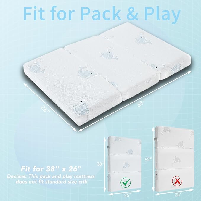 Pack and Play Mattress, 38x26” Foldable Travel Crib Memory Foam Playpen Mattress Pad for Baby & Toddler – Fits Most Playards