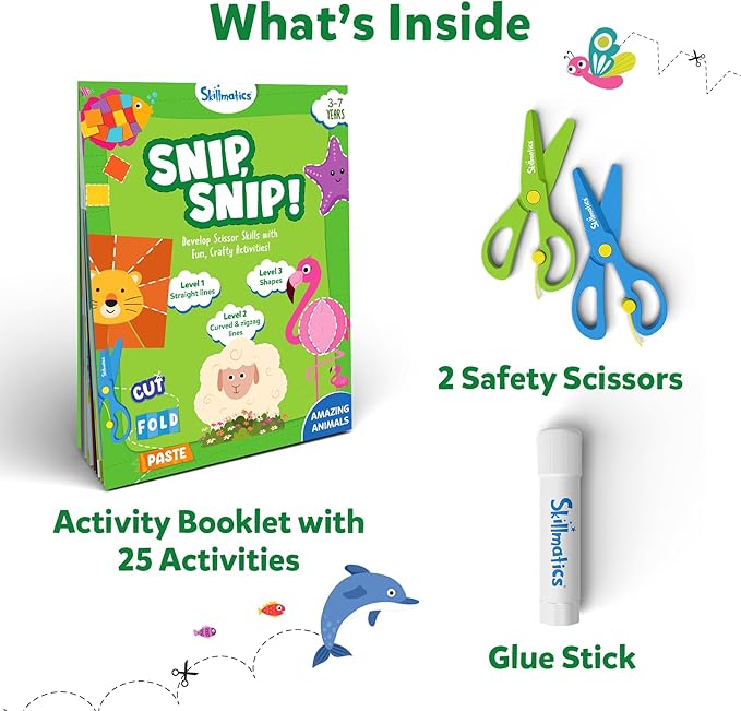 Skillmatics Scissor Skills Activity Book - Snip Snip, 25 Fun Cutting & Creative Activities for Preschoolers, 2 Child-Safe Scissors, Fine Motor Skills Craft Kit, Gifts for Kids Ages 3, 4, 5, 6, 7