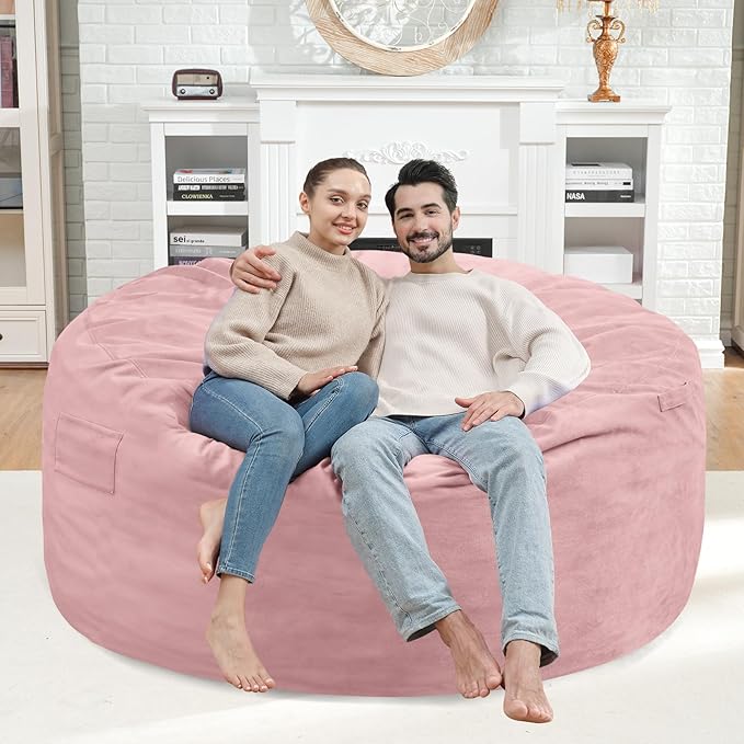4FT Bean Bag Chair, Large Bean Bag Chairs with Memory Foam Filled, Fluffy Beanbag Sofa with Dutch Velvet Cover, Round BeanBag Chairs for Living Room, Playroom - Light Pink