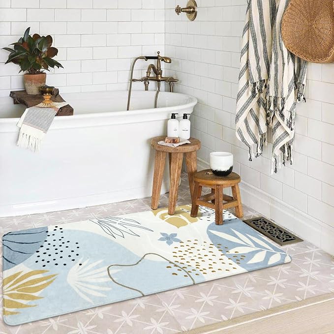 Lahome Boho Rug Runner - 2x4 Area Rug Non-Slip Washable Soft Bathroom Runner Rug Small Throw Long Bath Rug Blue Kitchen Runner, Botanical Print Foor Mats Runner Rug for Bedroom Hallway Laundry Room