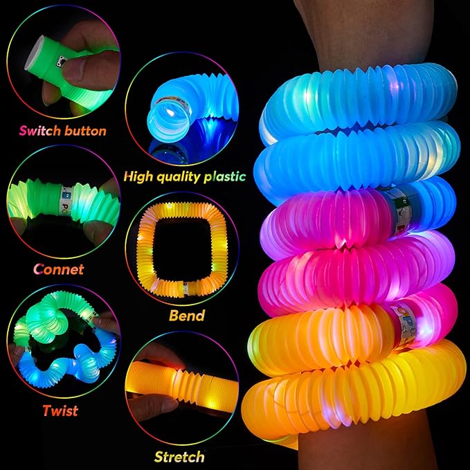 24 PCS LED Pop Tubes, Light Up Glow Tubes, Glow in the Dark Party Supplies, Sensory Toys Birthday Party Favors for Kids, Light Up Toys