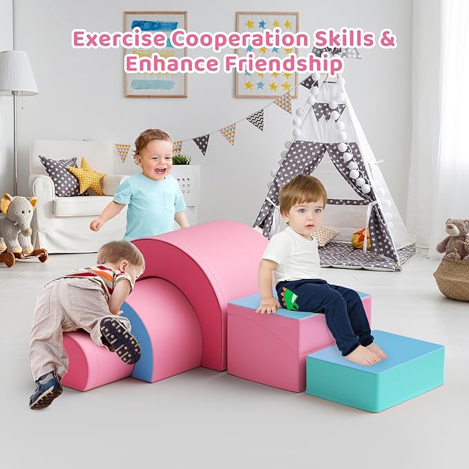 Lischwert Foam Climbing Blocks, Soft Climbing Toys for Toddlers, 5 Pieces Crawl and Climb Foam Playset with Foldable Block and Tunnel, Indoor Climber Activity Play Set for Kids Age 1+(Pink Blue)