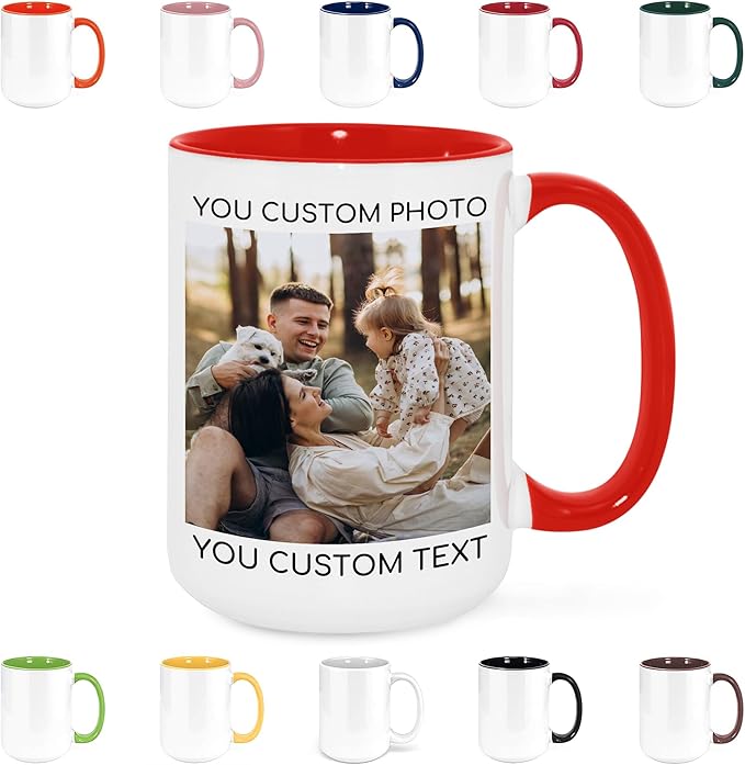 Custom Mug Upload Your Picture Personalized Coffee Mug with Photo Text Name Customized Cup Unique Ideas Gifts for Men Women Mom Dad Girlfriend Boyfriend Friend Family (Red, 15oz)