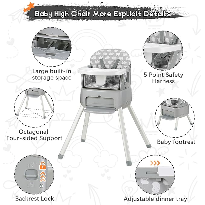 4 in 1 Portable Baby High Chair,Convertible Highchair for Babies & Toddlers-Foldable Infant Booster Seat,Carry Small Box,Dining Chair,Toddler High Chair with 5-Point Harness,Removable Tray-Grey